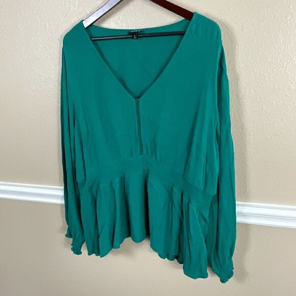 Torrid 4 Solid Emerald Green Gauze Top Smocked Peplum Midi Blouse Long Sleeve R3 - Picture 2 of 12